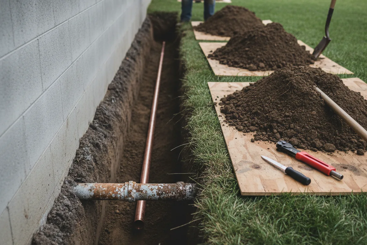 Excavated water line trench during Water Heater Repair in Rhodesdale